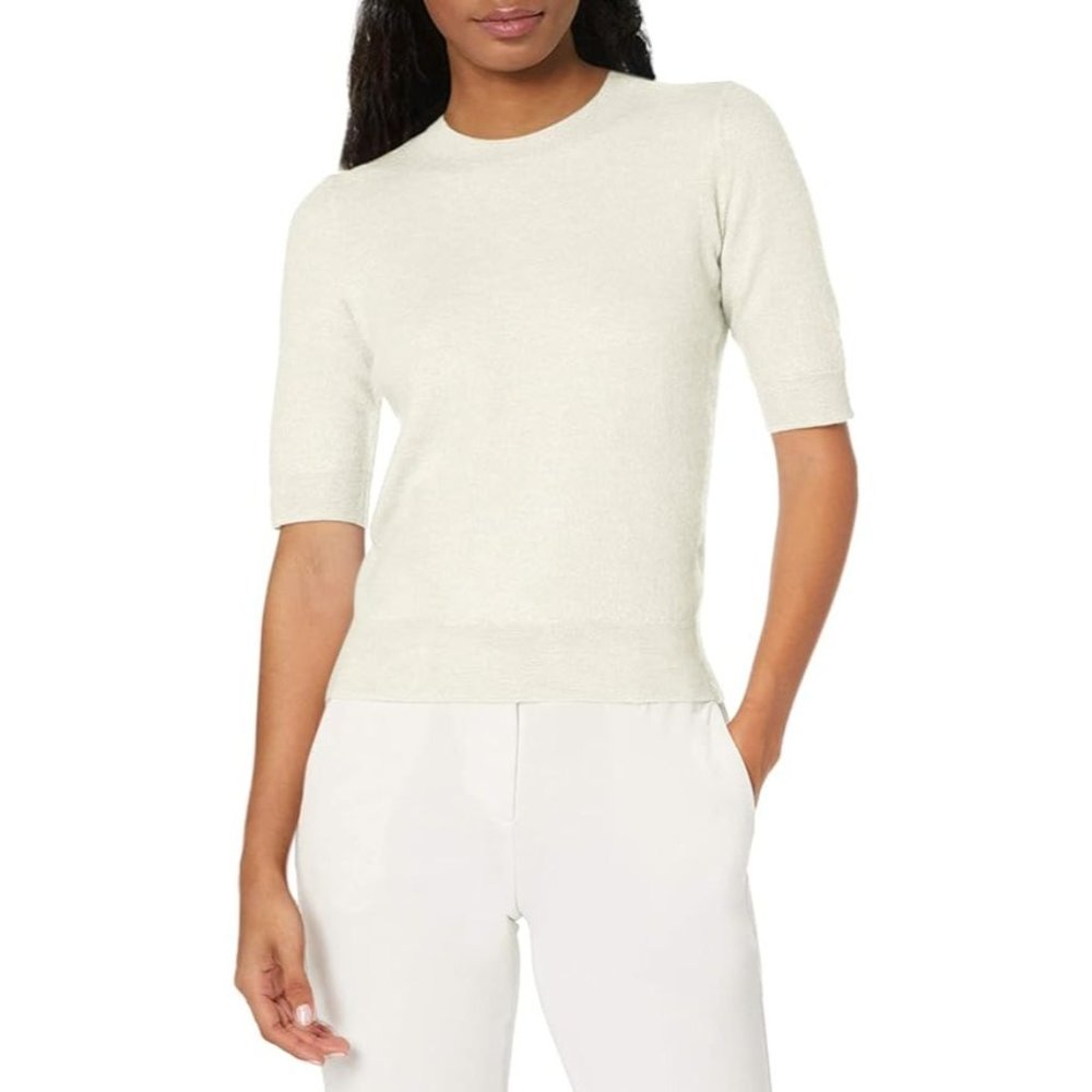 Vince Womens Boiled Cashmere Short Sleeve Pullover sweater soft cream size small
